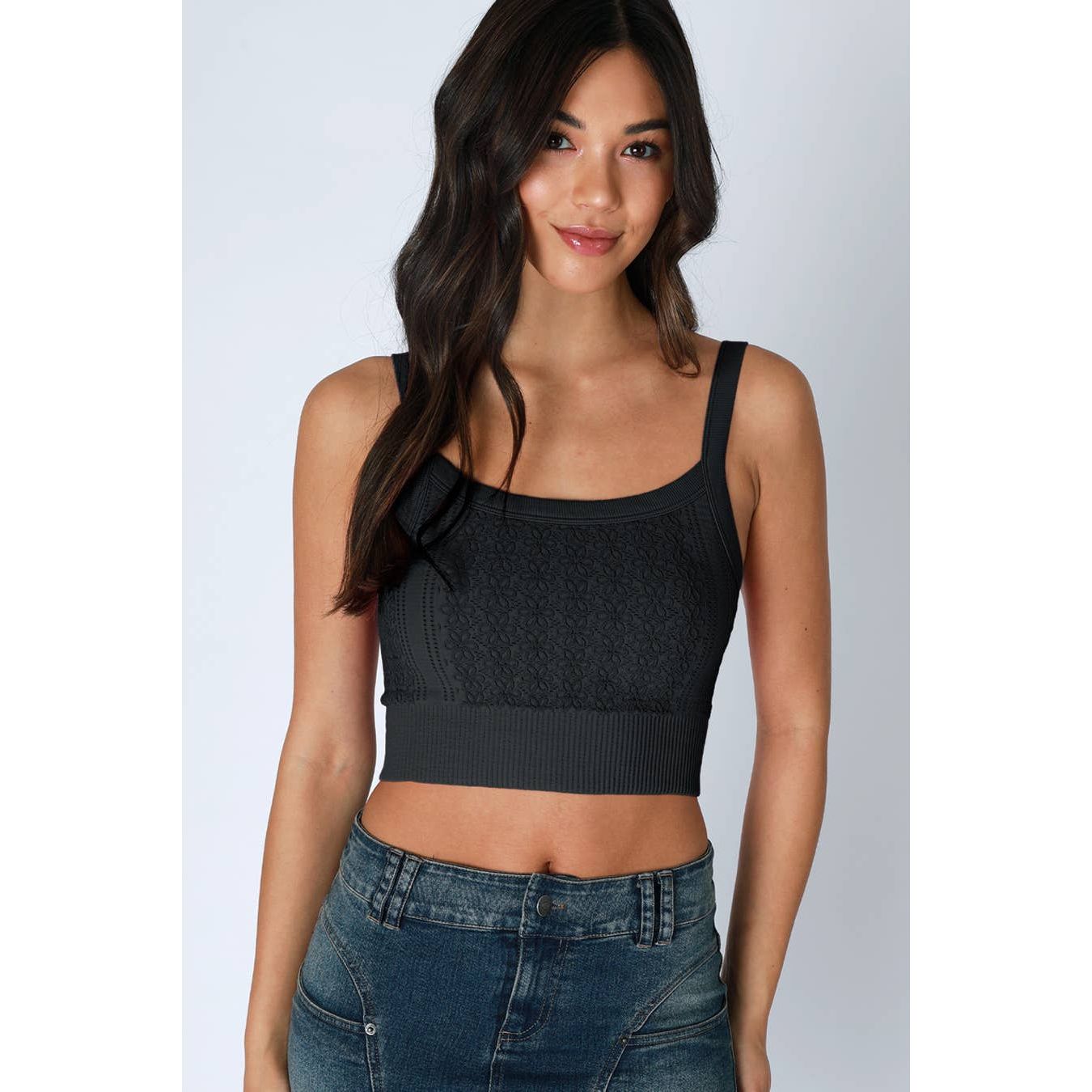 Floral Lace Ribbed Crop Top: Black