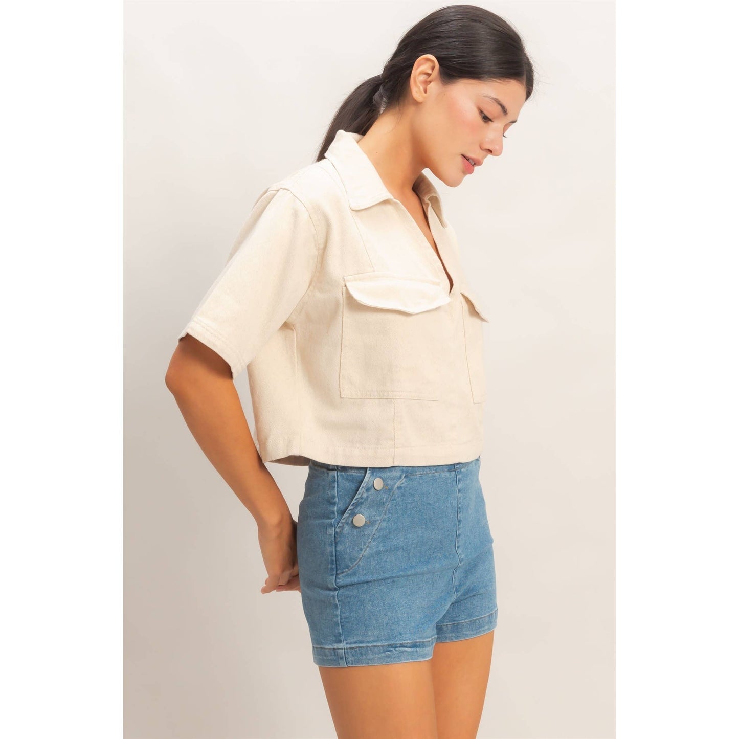Boxy Collared V-Neck : Oatmeal