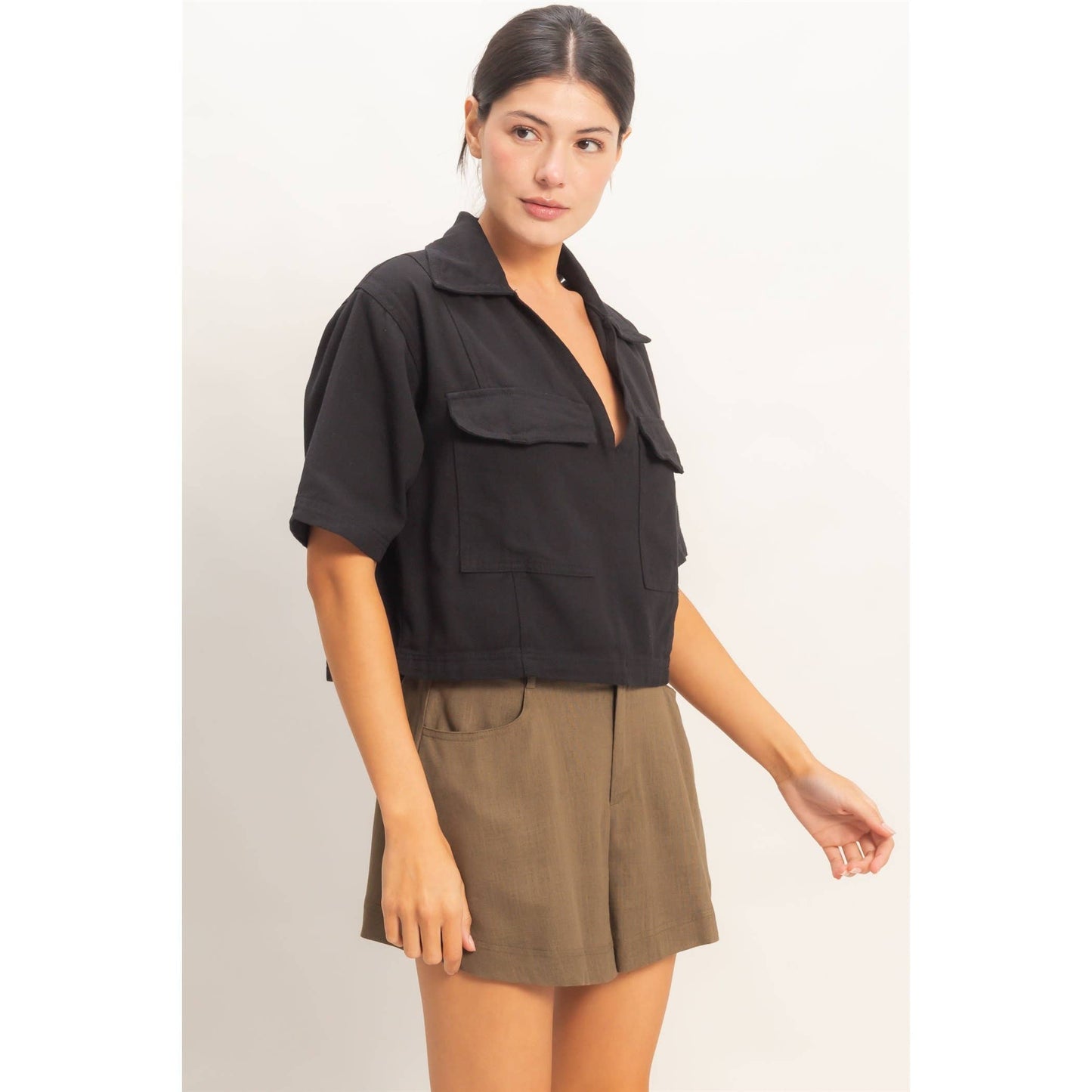 Collared V-Neck Top: Black