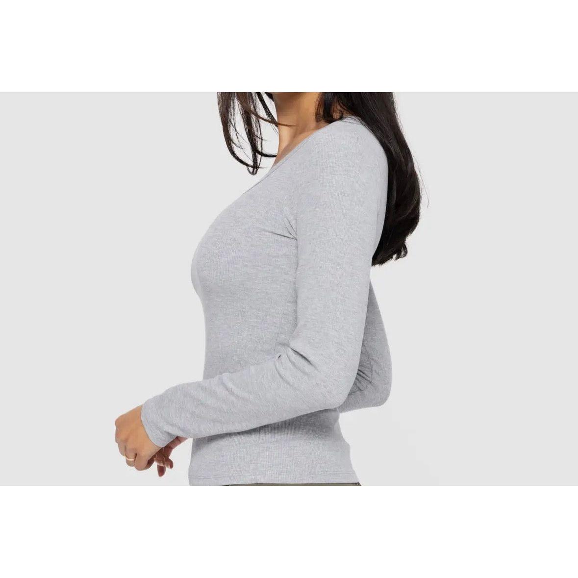 Fitted Long-Sleeved Scoopneck Ribbed Top in Grey