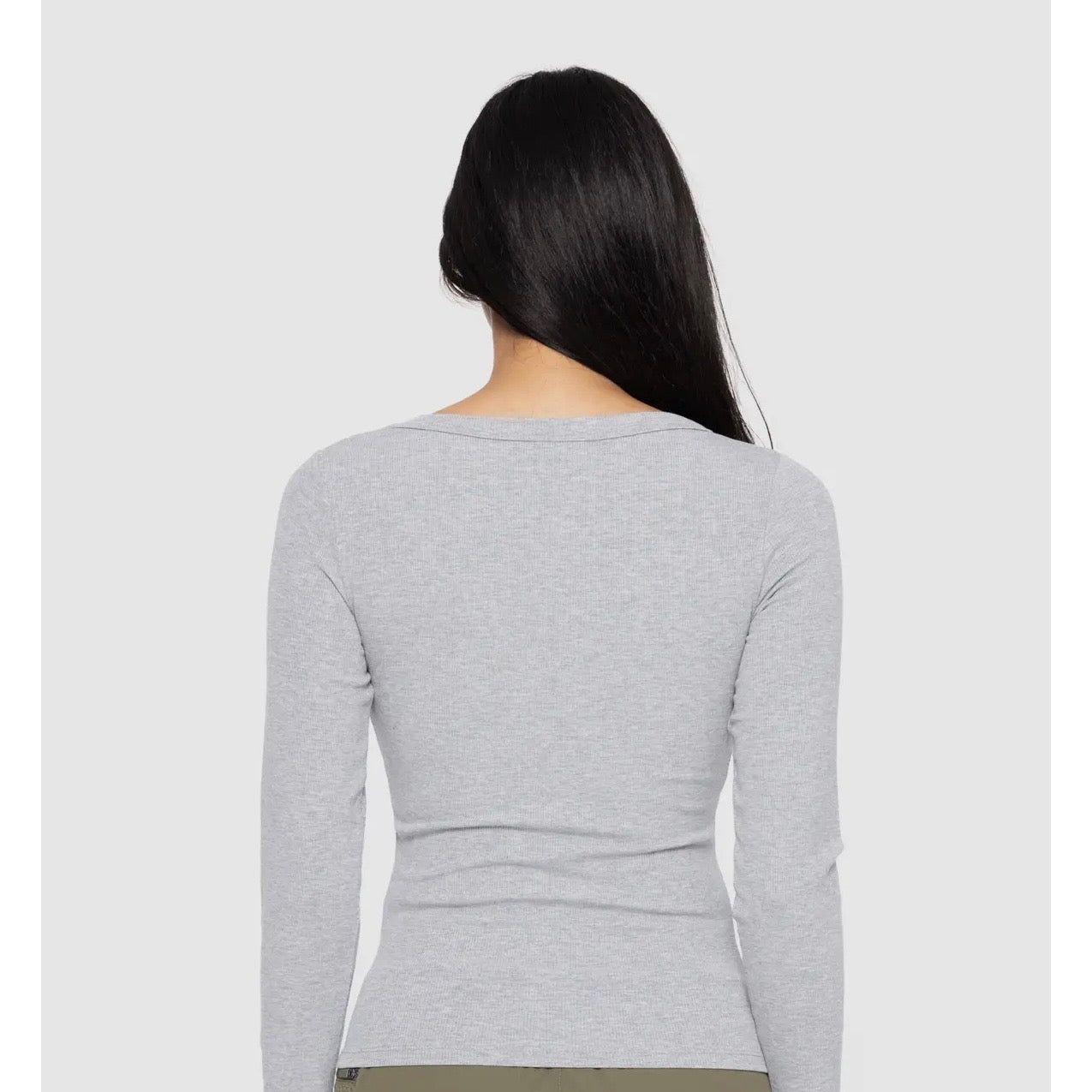Fitted Long-Sleeved Scoopneck Ribbed Top in Grey