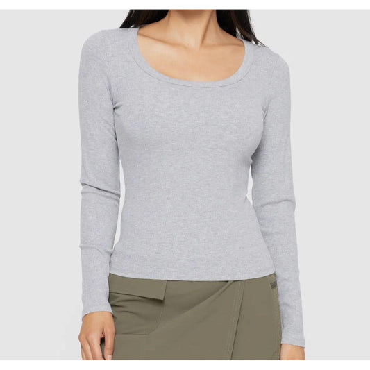 Fitted Long-Sleeved Scoopneck Ribbed Top in Grey