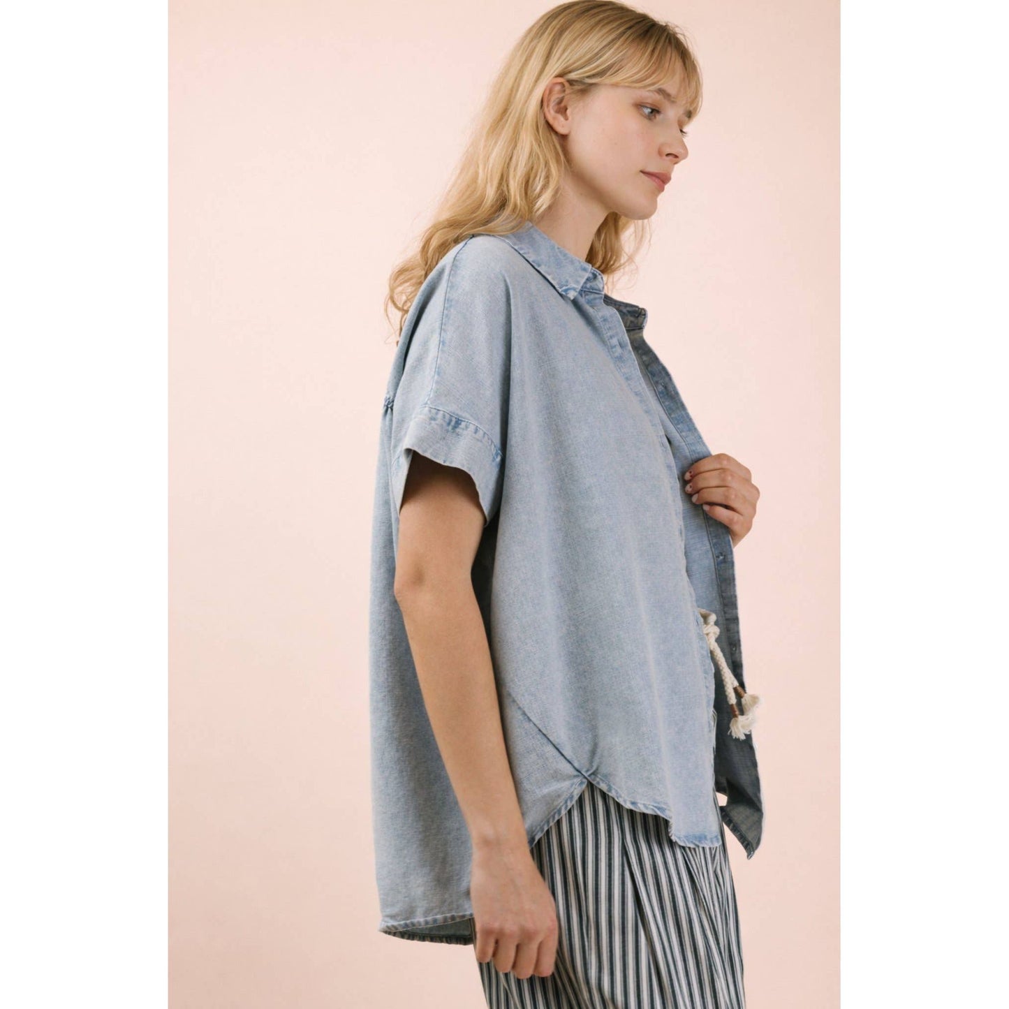 Mineral Washed Chambray Oversized Shirt Top: Light Indigo