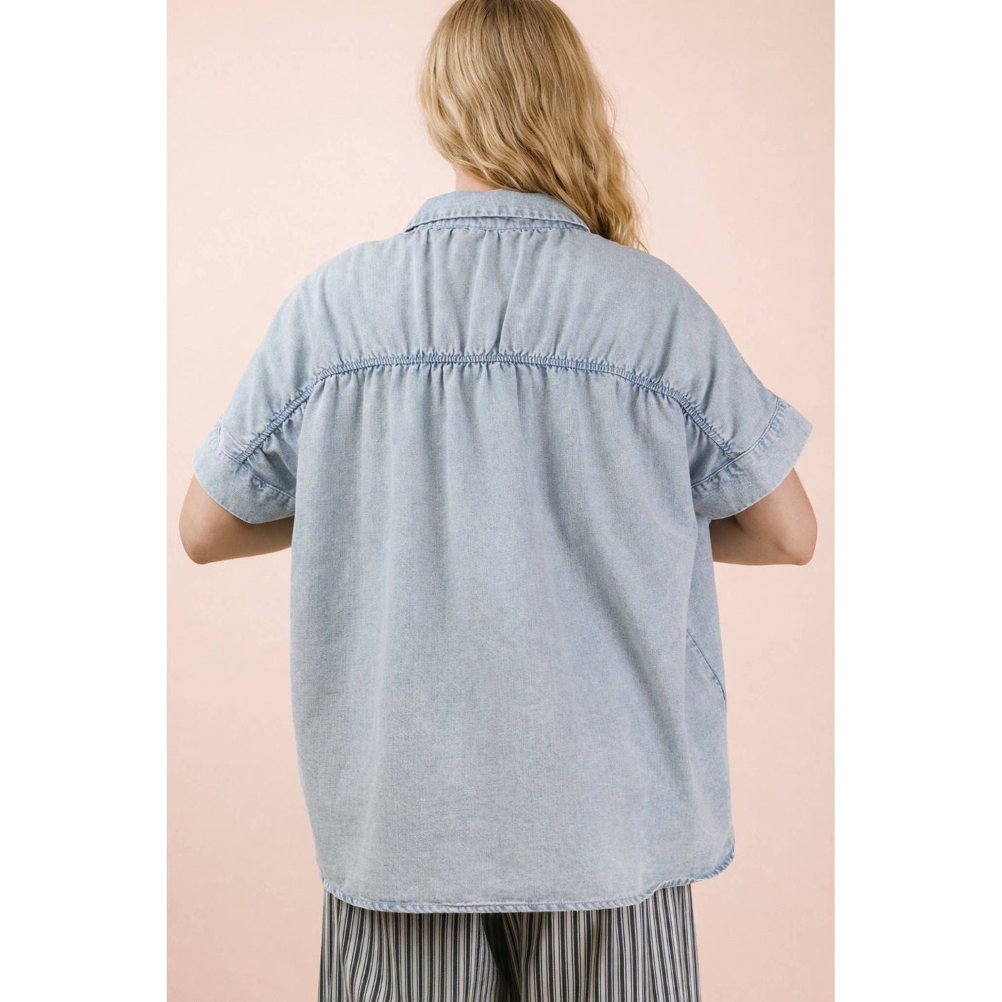 Mineral Washed Chambray Oversized Shirt Top: Light Indigo
