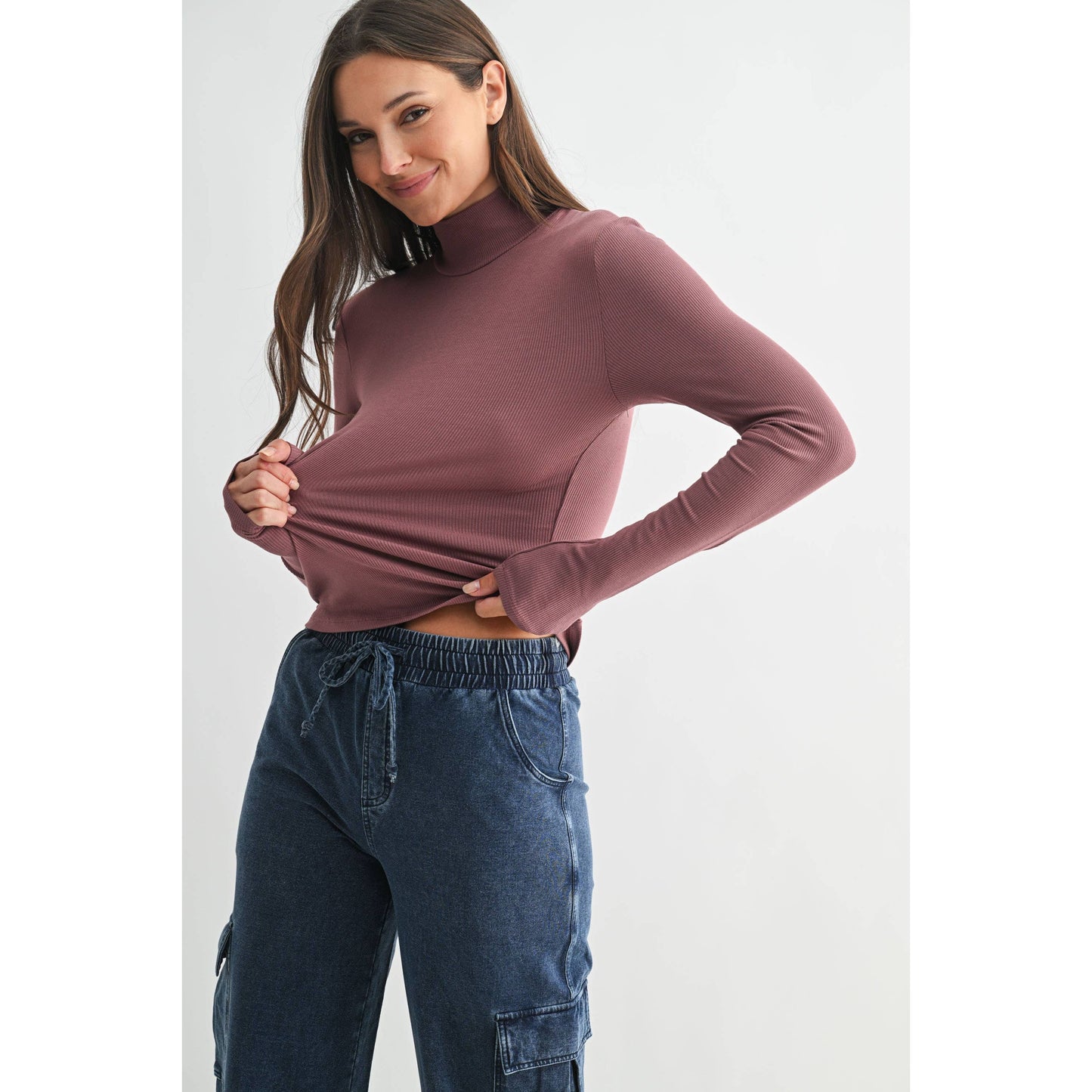 Micro Ribbed Long Sleeve Turtleneck: Mauve