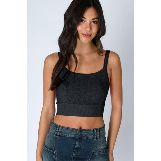 Floral Lace Ribbed Crop Top: Black