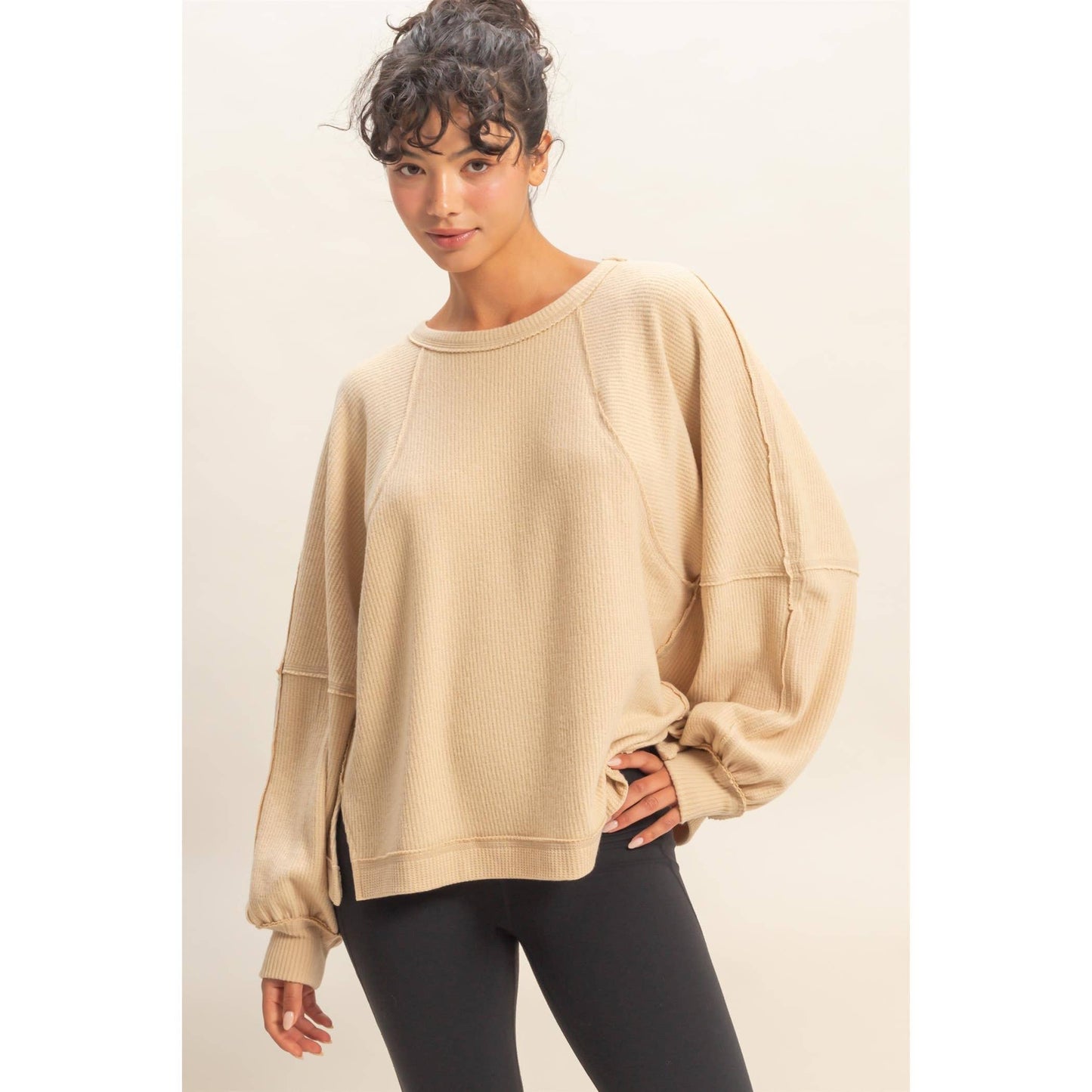 Waffle Long Sleeve Top- Taupe