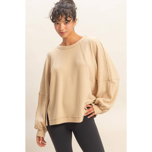 Waffle Long Sleeve Top- Taupe
