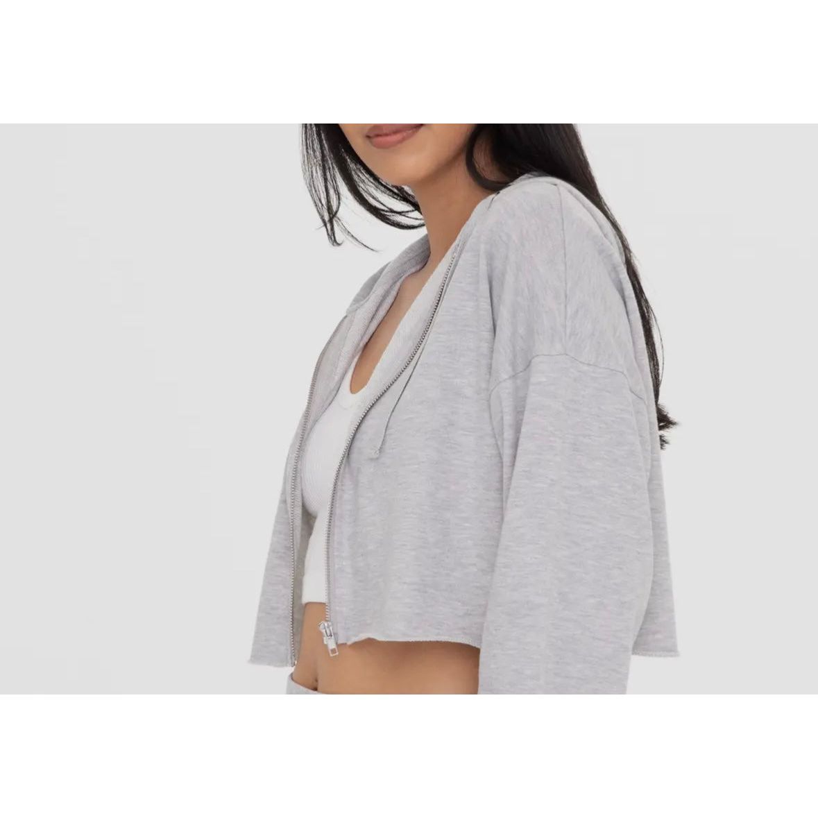 Lightweight Crop Zip-Up Hoodie - Heather Gray