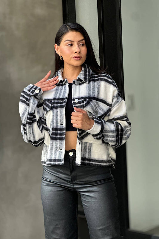 Drop Shoulder Cropped Plaid Shacket