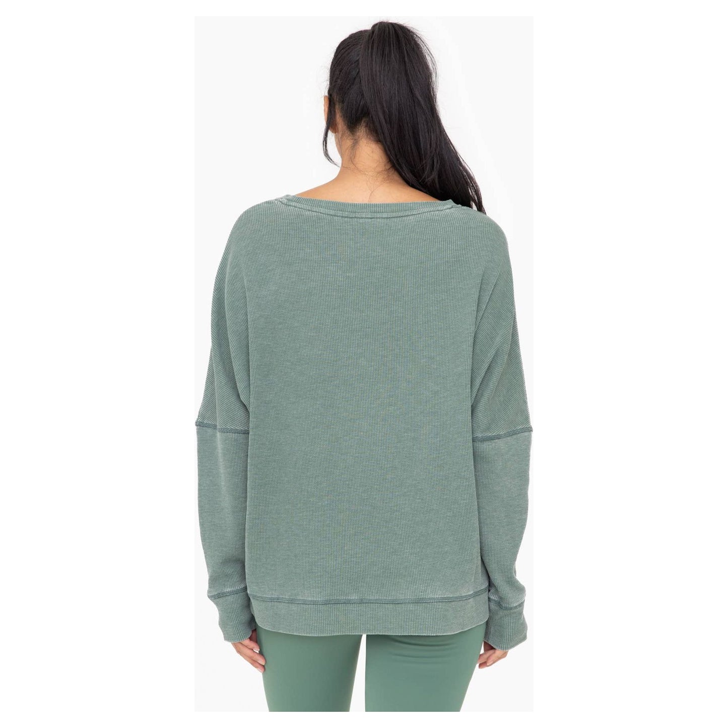 Waffle Ribbed Roundneck Pullover: DARK BASIL