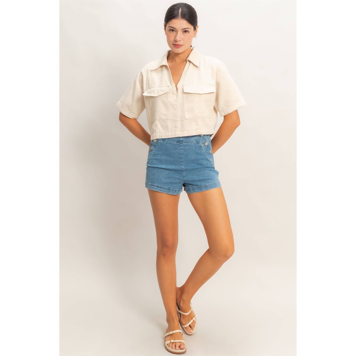 Boxy Collared V-Neck : Oatmeal