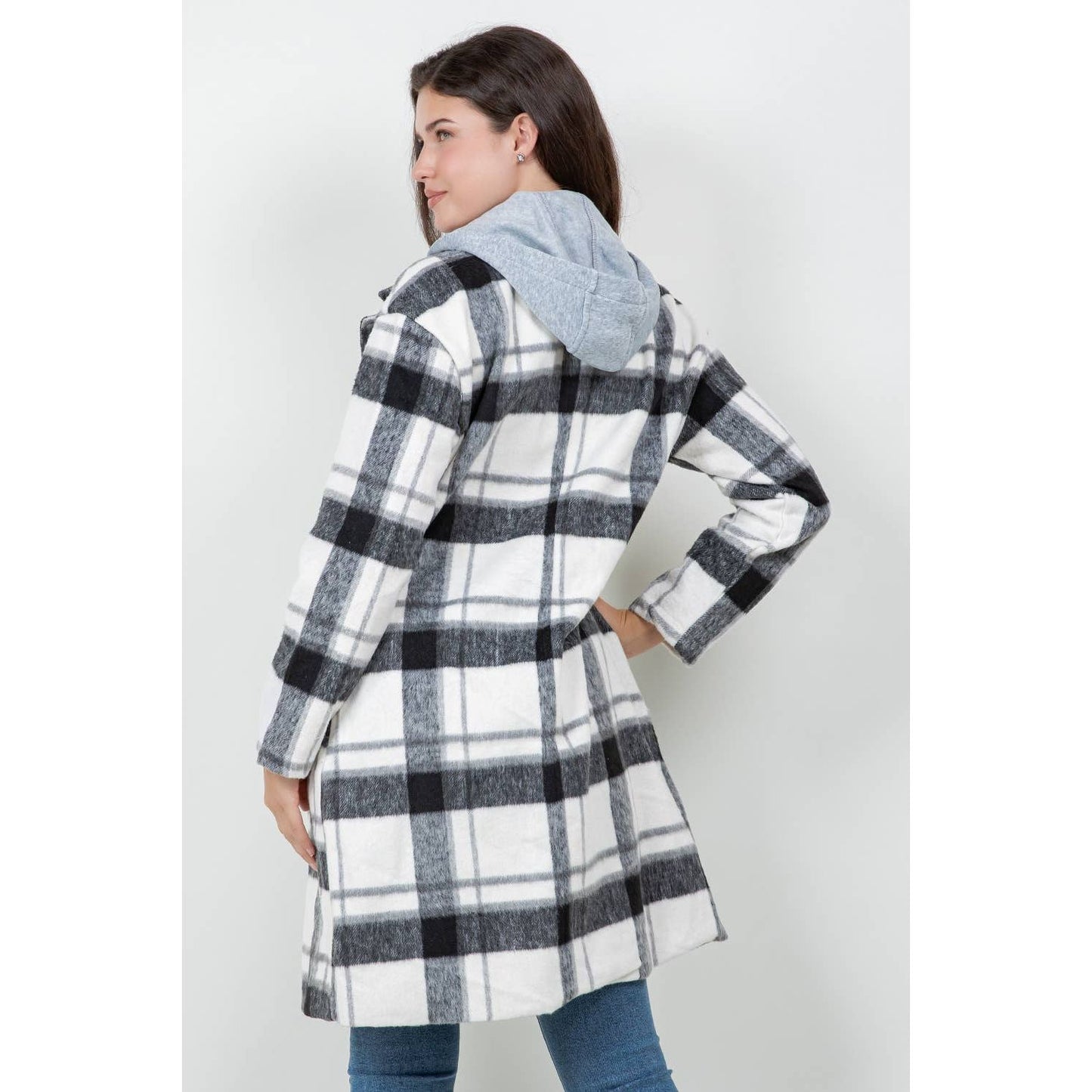 Woolen Plaid Coat Jacket + Detachable Hood