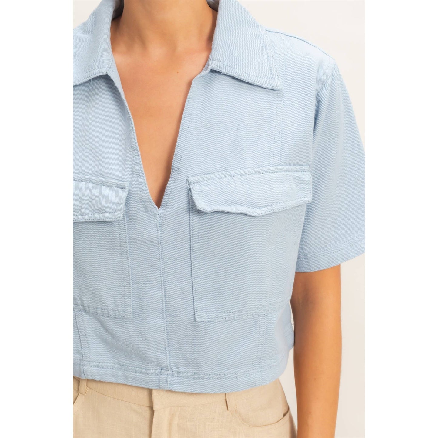 BoxyCollared V-Neck- Light denim