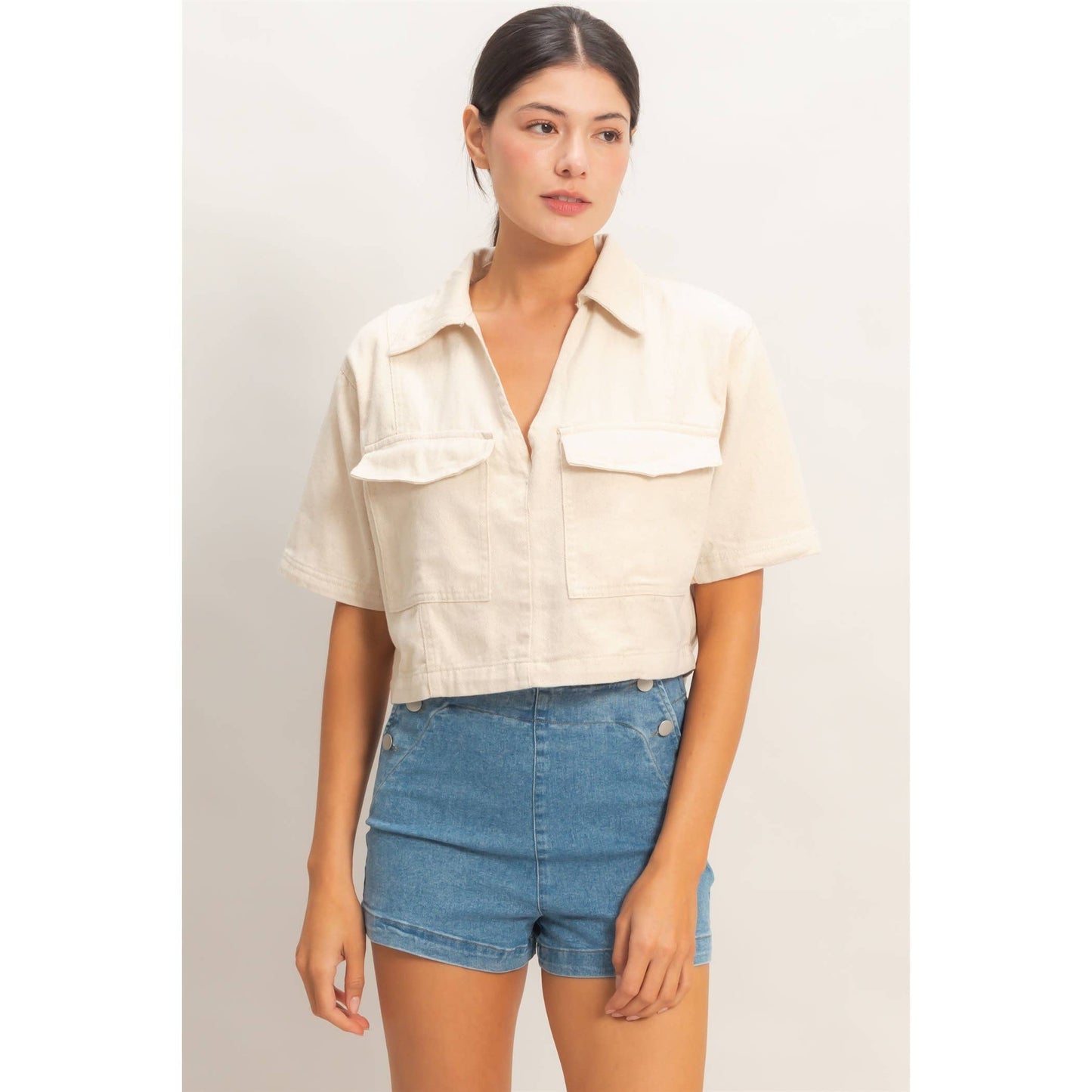 Boxy Collared V-Neck : Oatmeal