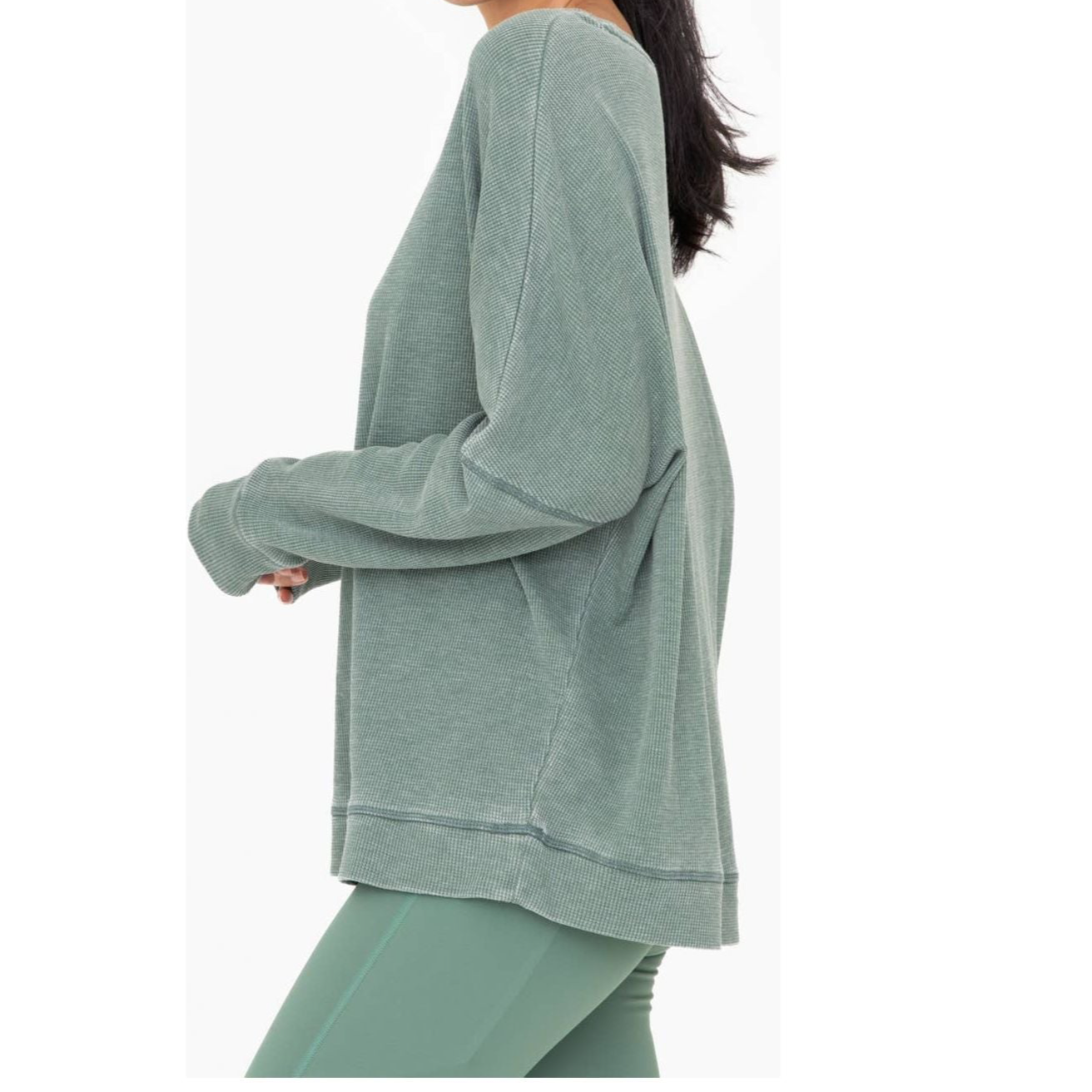 Waffle Ribbed Roundneck Pullover: DARK BASIL