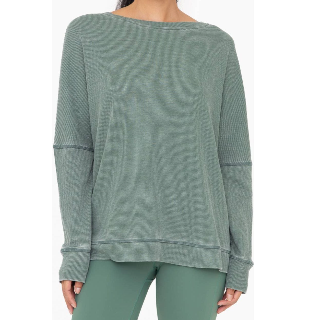 Waffle Ribbed Roundneck Pullover: DARK BASIL