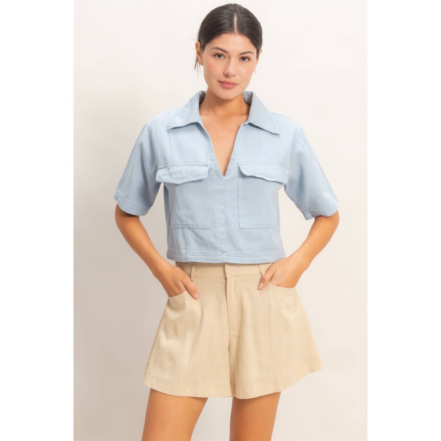 BoxyCollared V-Neck- Light denim