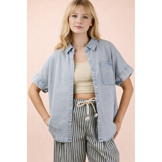 Mineral Washed Chambray Oversized Shirt Top: Light Indigo
