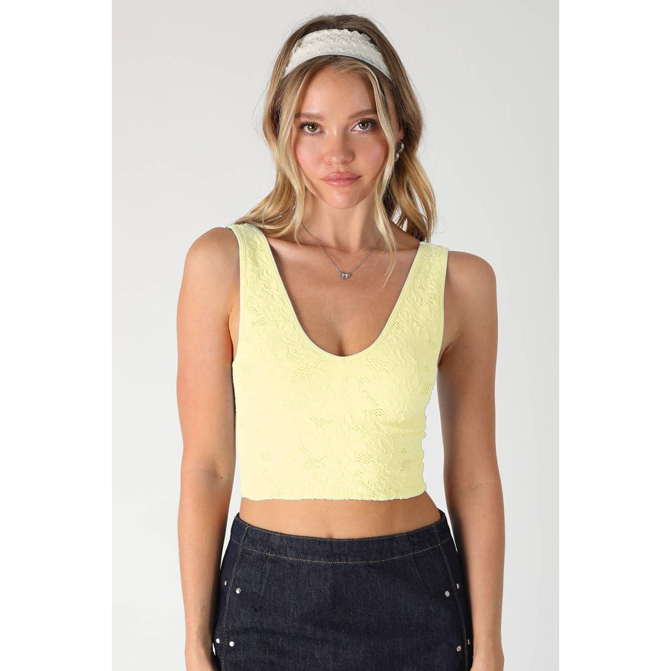 Lace V Neck Tank Top: Pale Banana