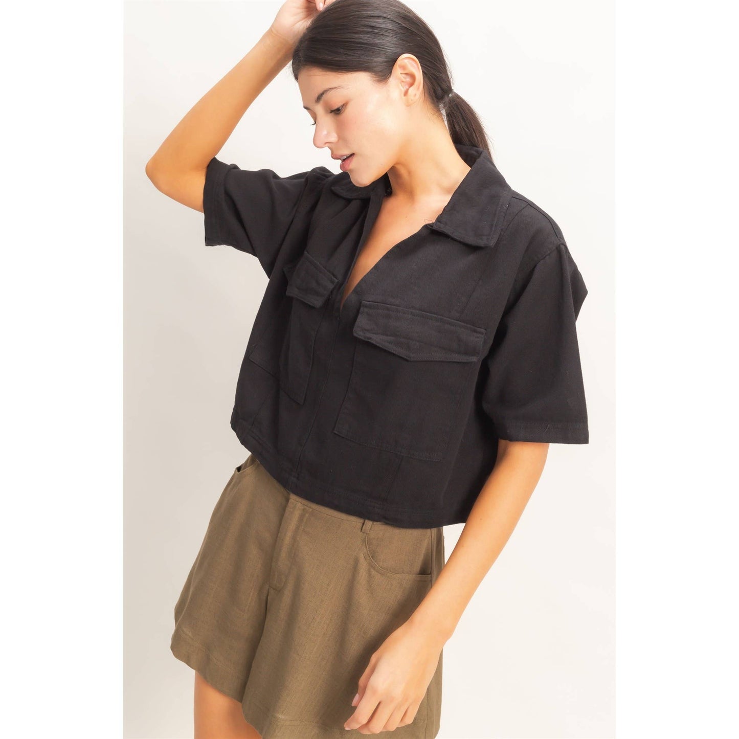 Collared V-Neck Top: Black