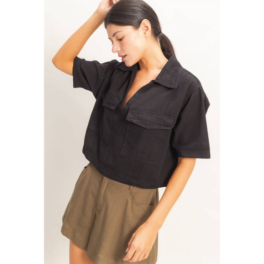 Collared V-Neck Top: Black