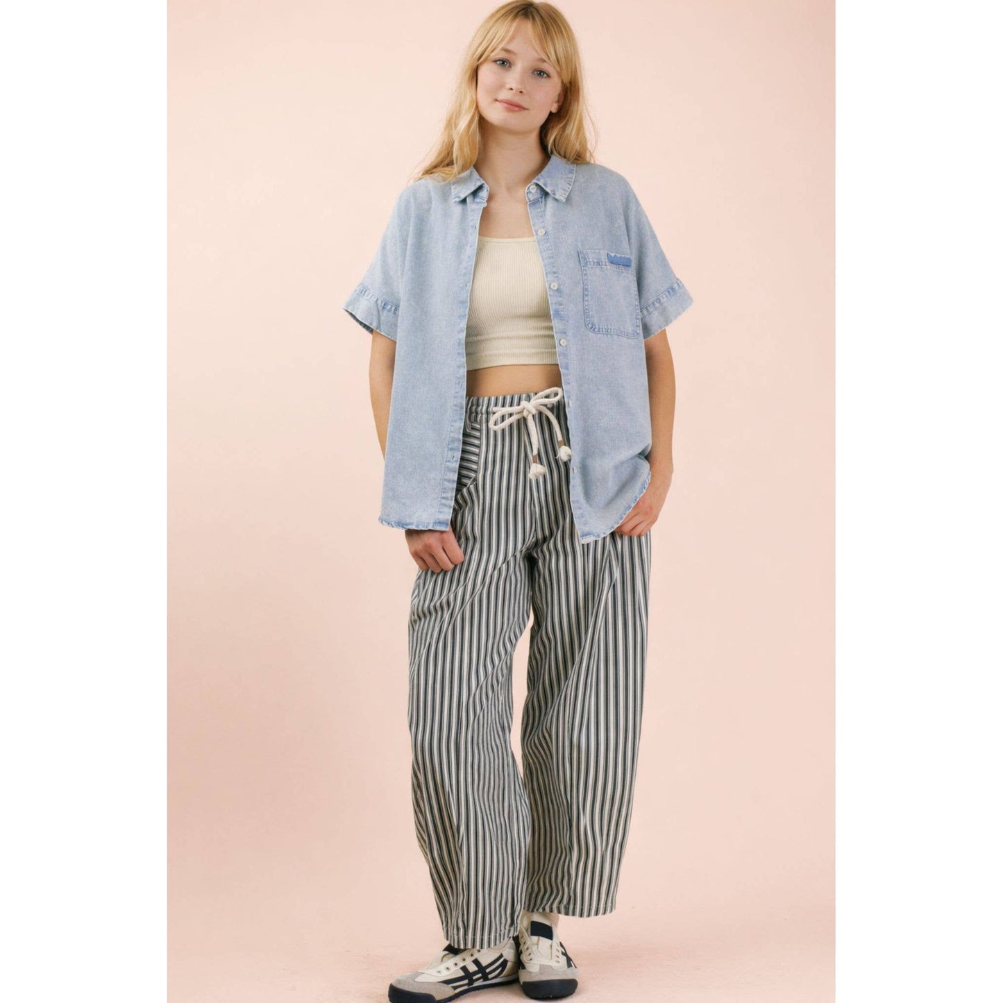 Mineral Washed Chambray Oversized Shirt Top: Light Indigo