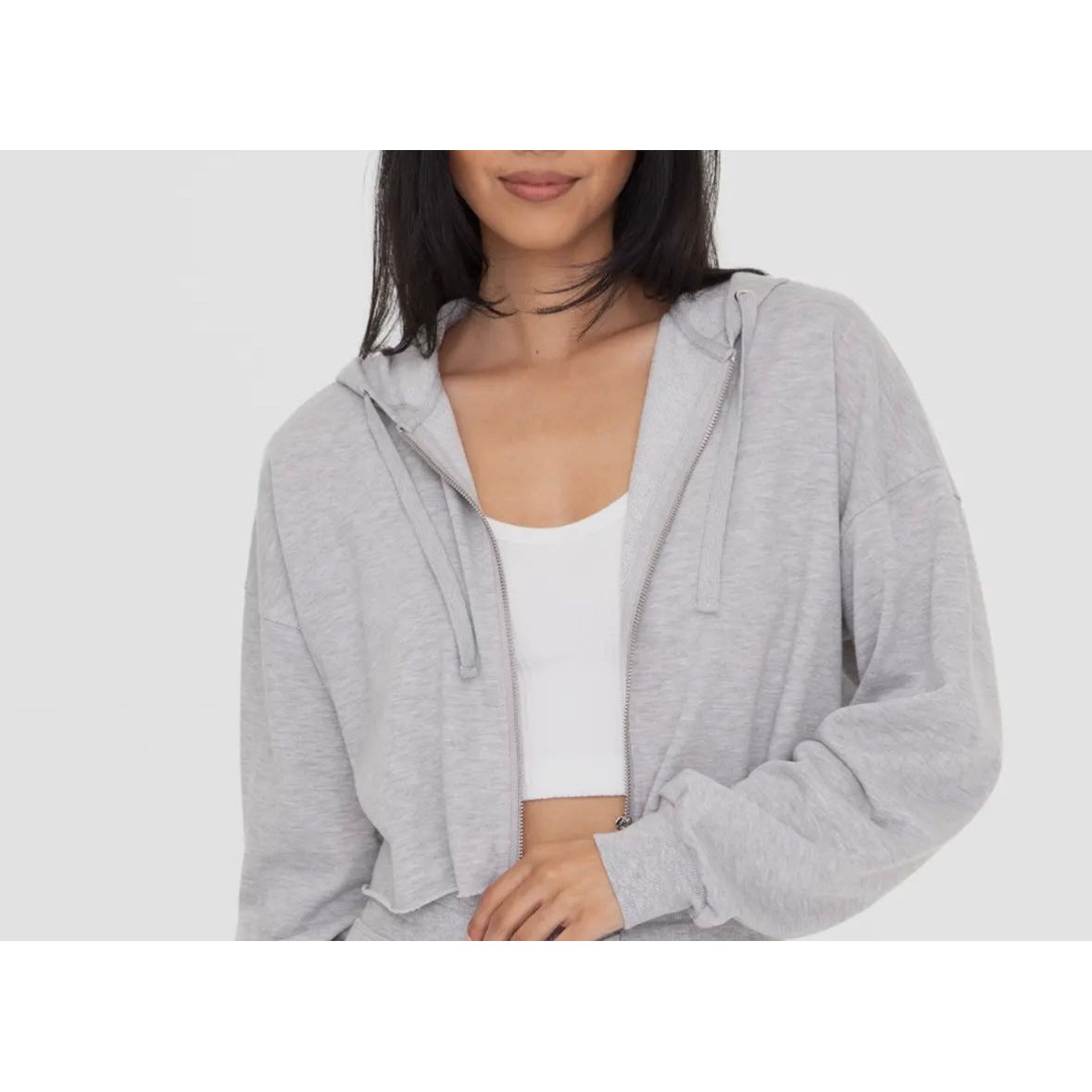 Lightweight Crop Zip-Up Hoodie - Heather Gray