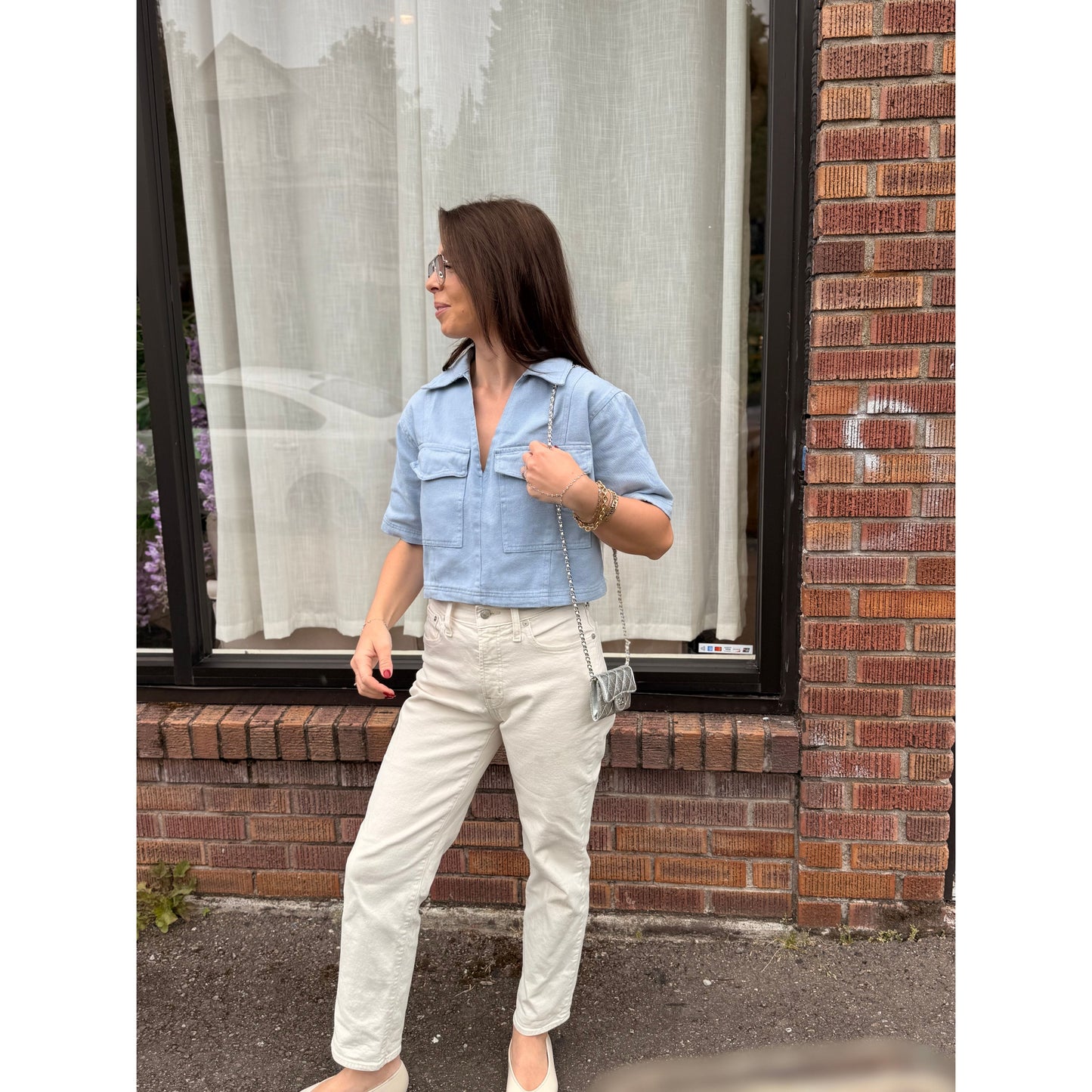 BoxyCollared V-Neck- Light denim