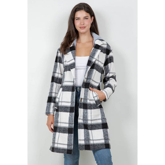 Woolen Plaid Coat Jacket + Detachable Hood