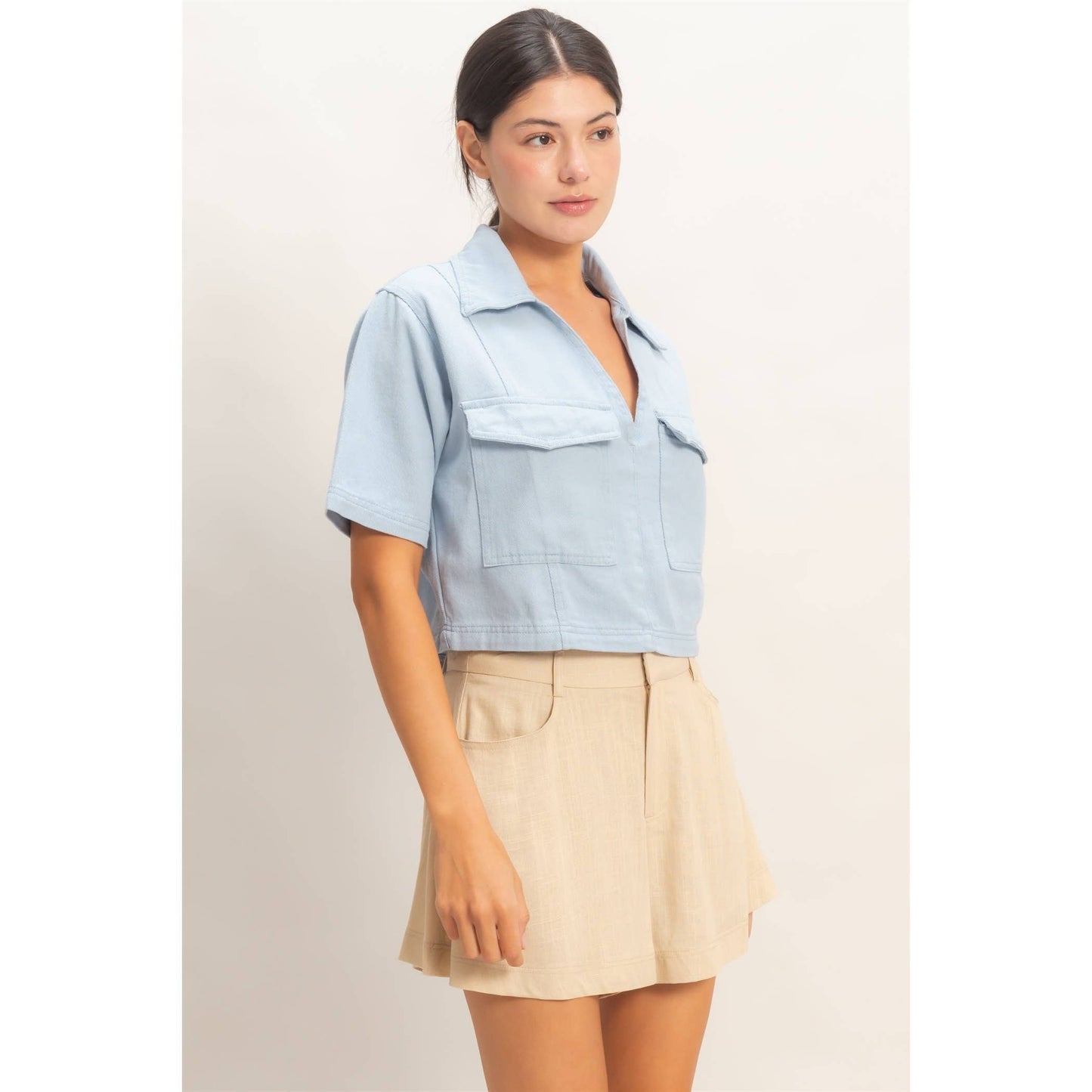 BoxyCollared V-Neck- Light denim