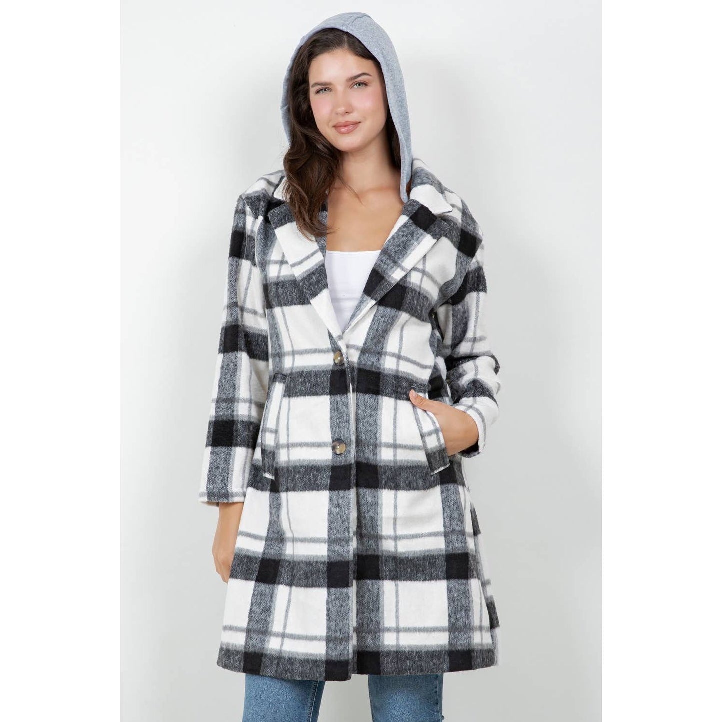 Woolen Plaid Coat Jacket + Detachable Hood