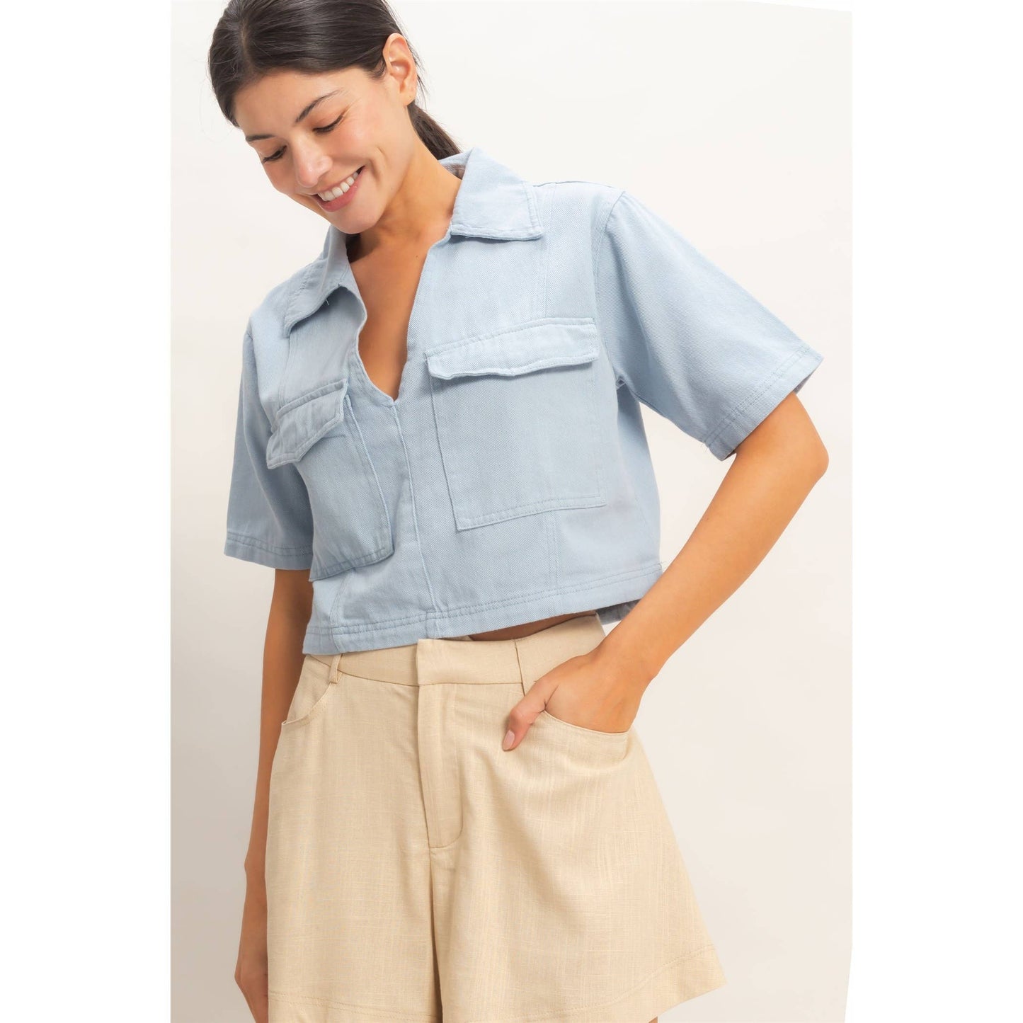 BoxyCollared V-Neck- Light denim