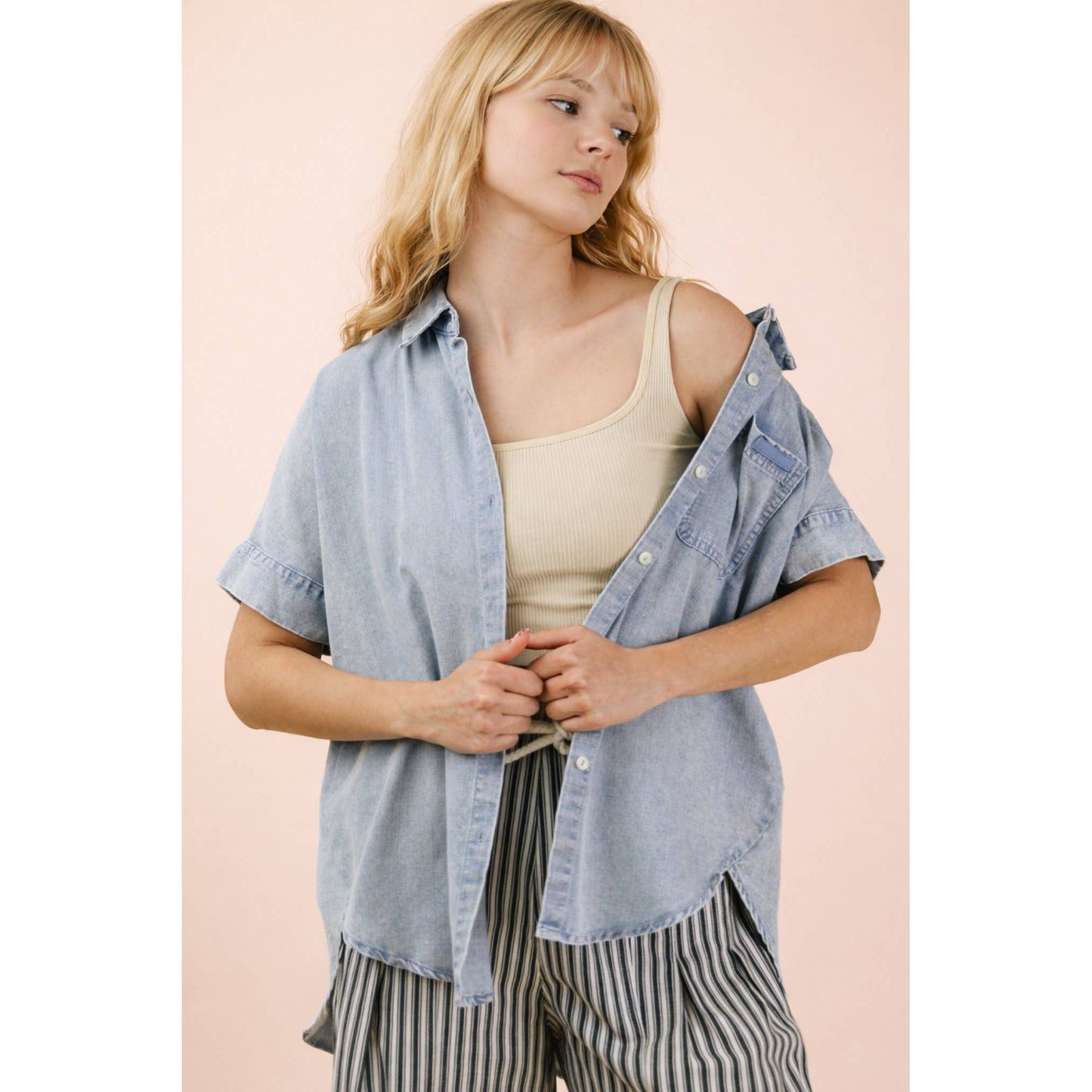 Mineral Washed Chambray Oversized Shirt Top: Light Indigo