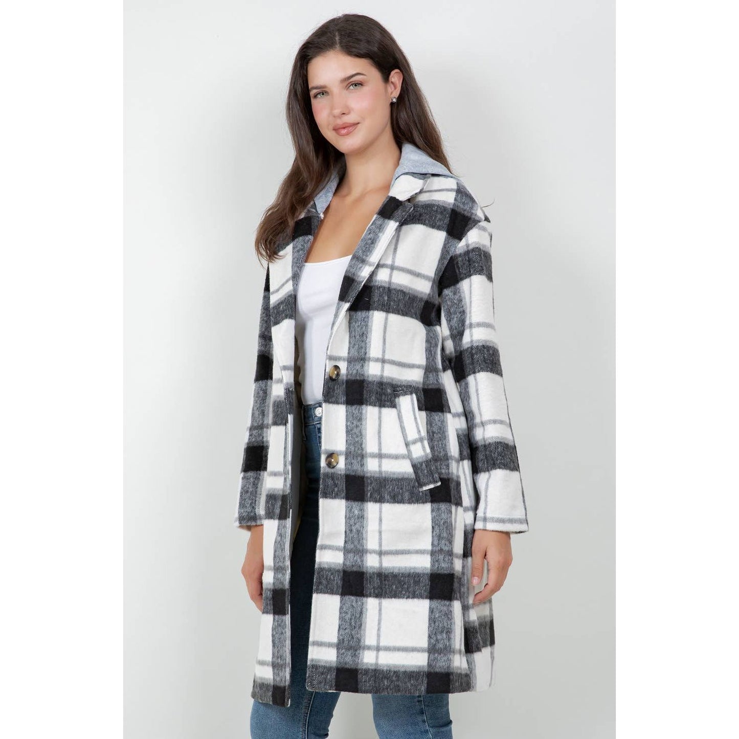 Woolen Plaid Coat Jacket + Detachable Hood
