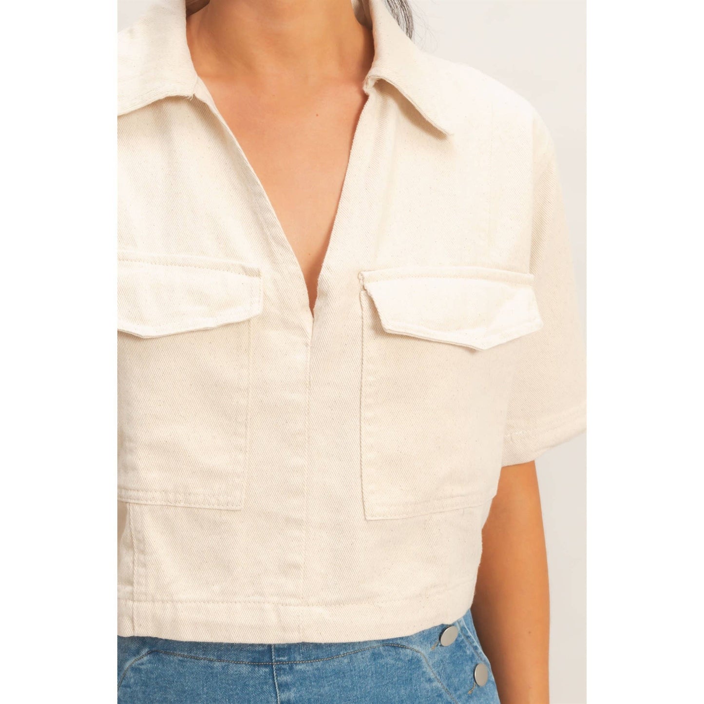 Boxy Collared V-Neck : Oatmeal