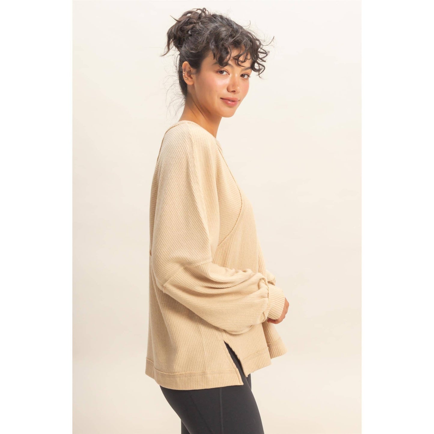 Waffle Long Sleeve Top- Taupe