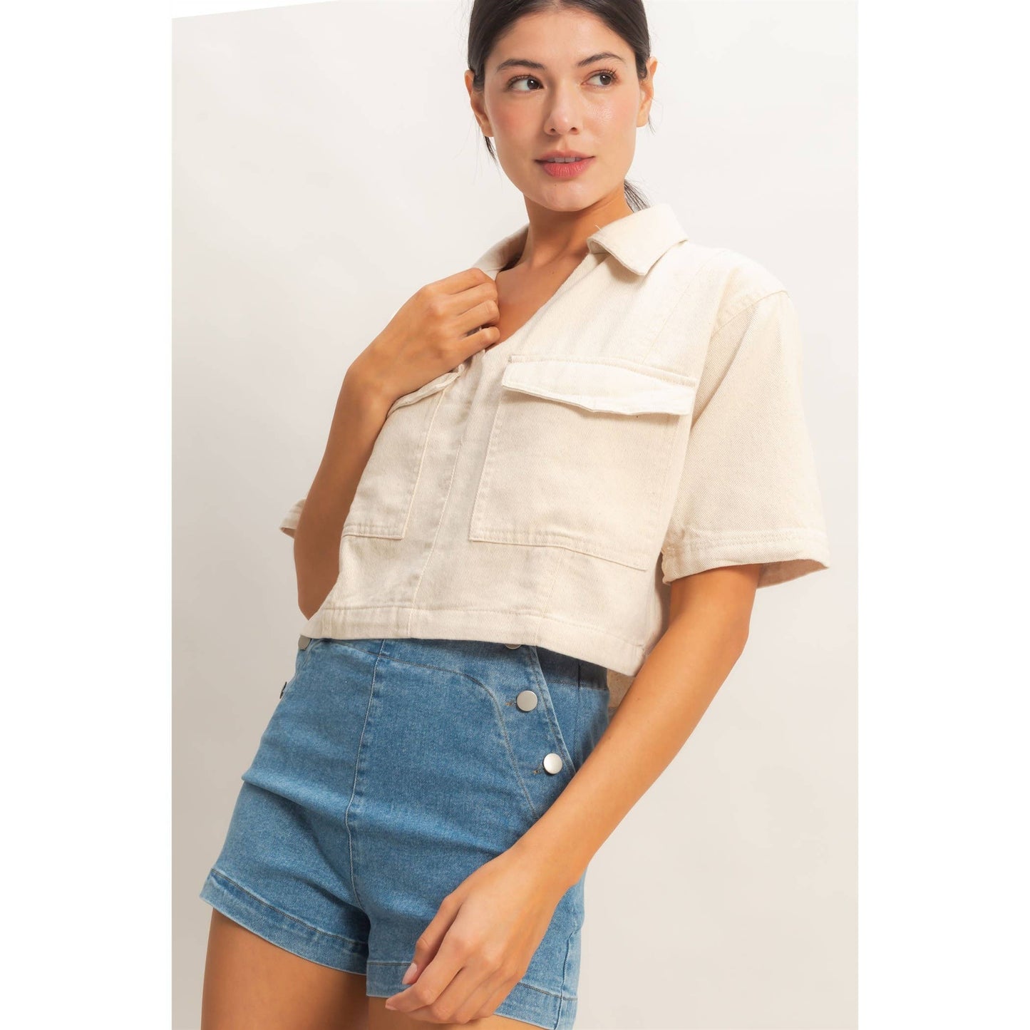 Boxy Collared V-Neck : Oatmeal
