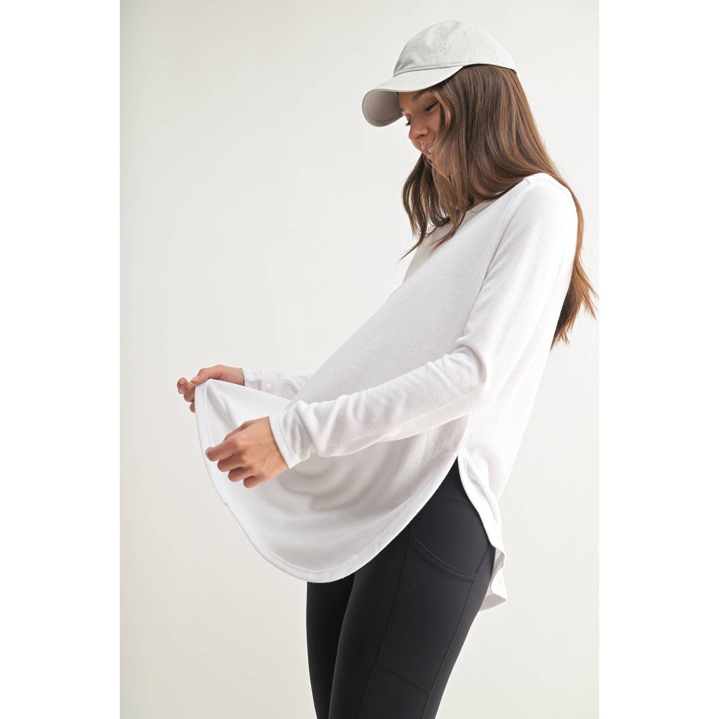 Long Sleeve Flow Top with Side Slit: WHITE