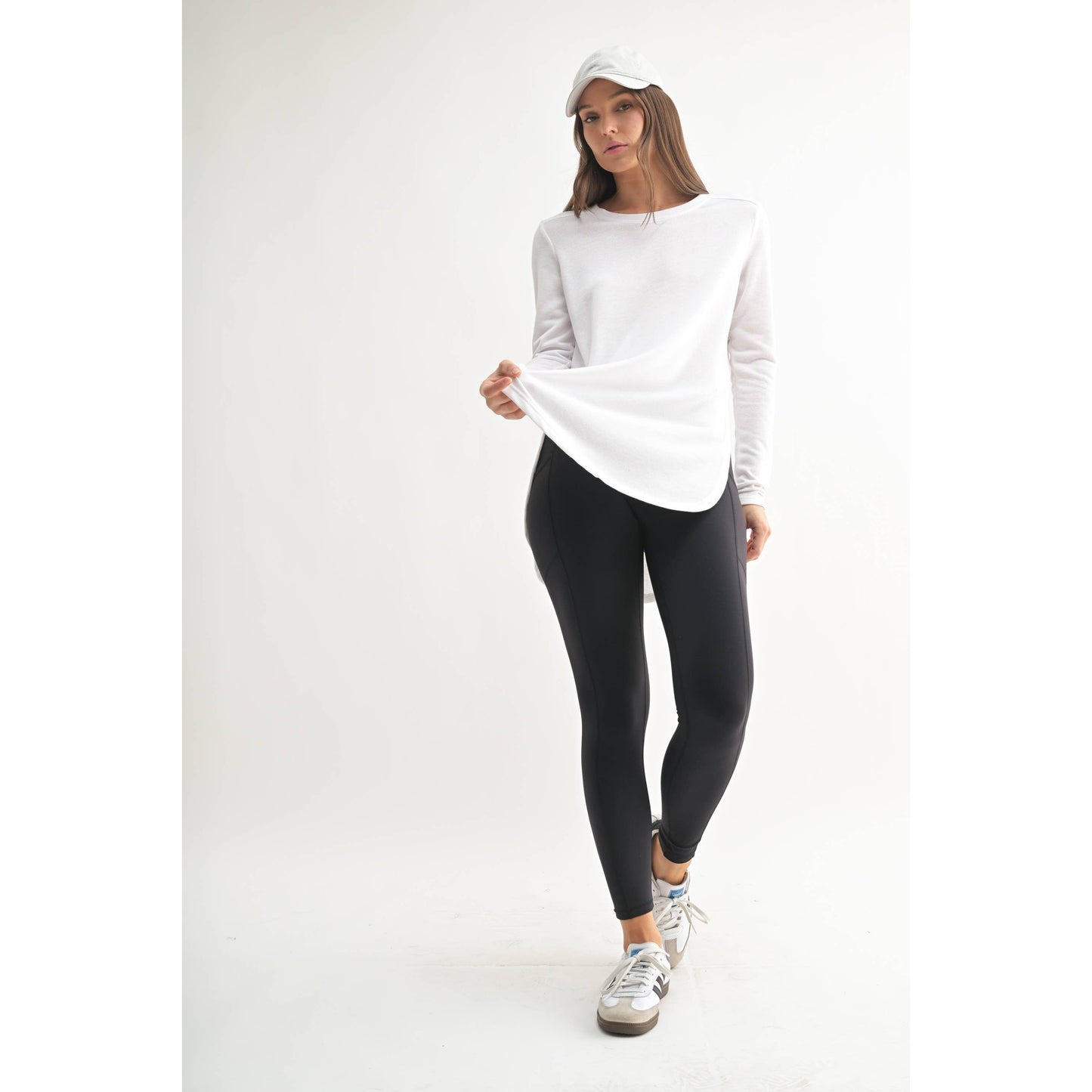 Long Sleeve Flow Top with Side Slit: WHITE