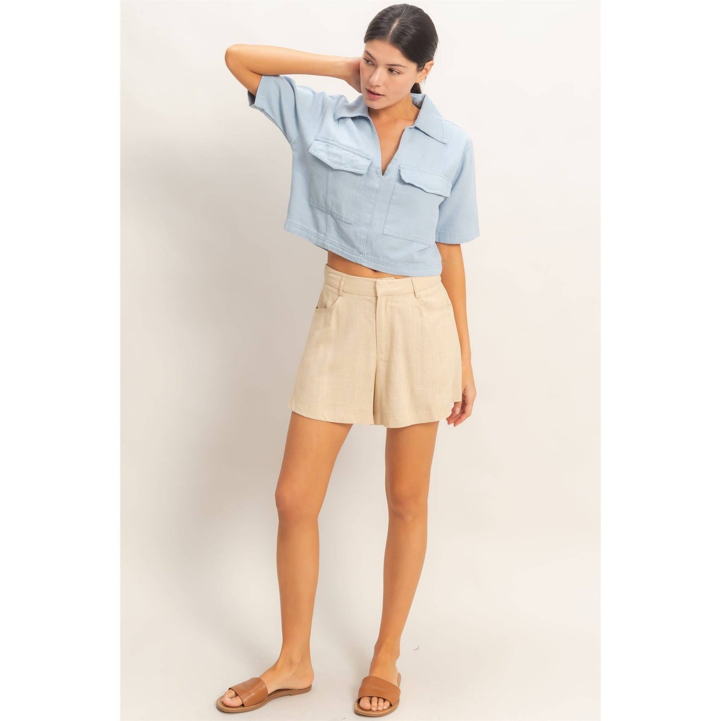 BoxyCollared V-Neck- Light denim
