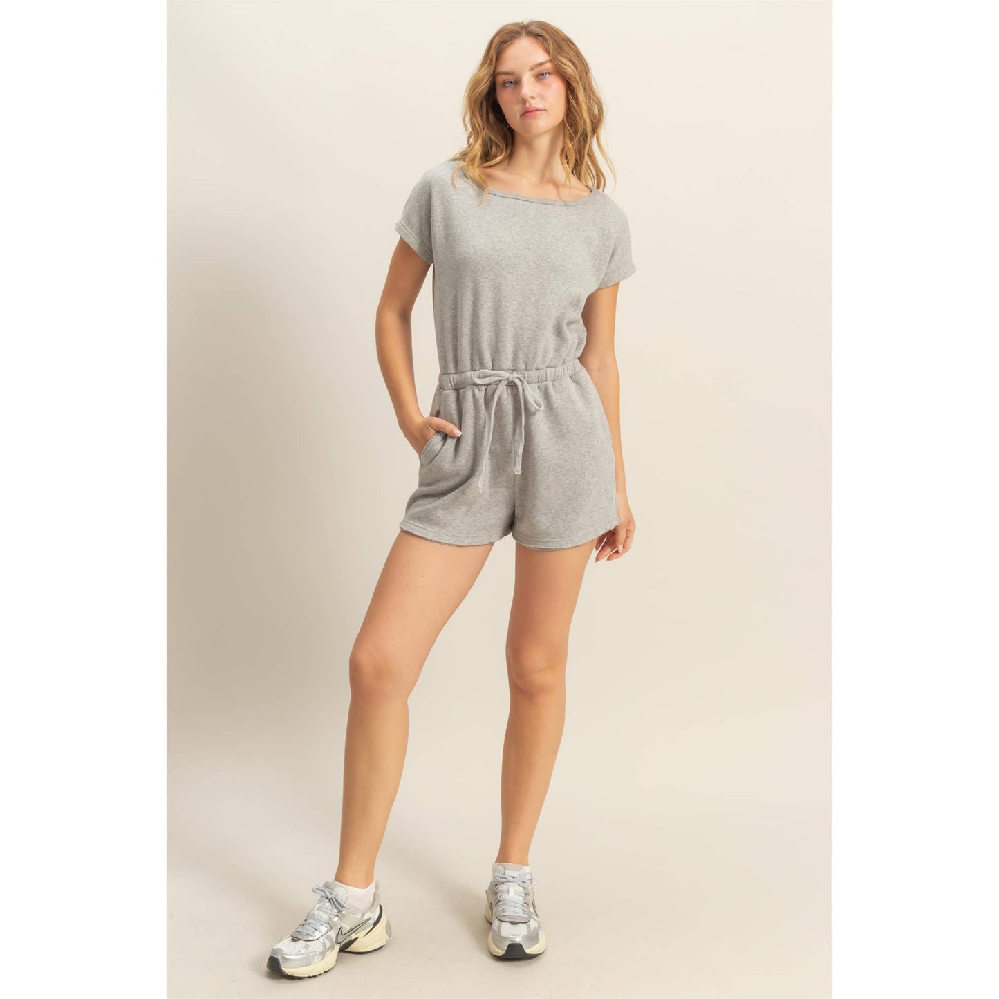 Drawstring Romper: Heather Gray